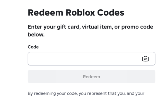 Страница активации кода Roblox